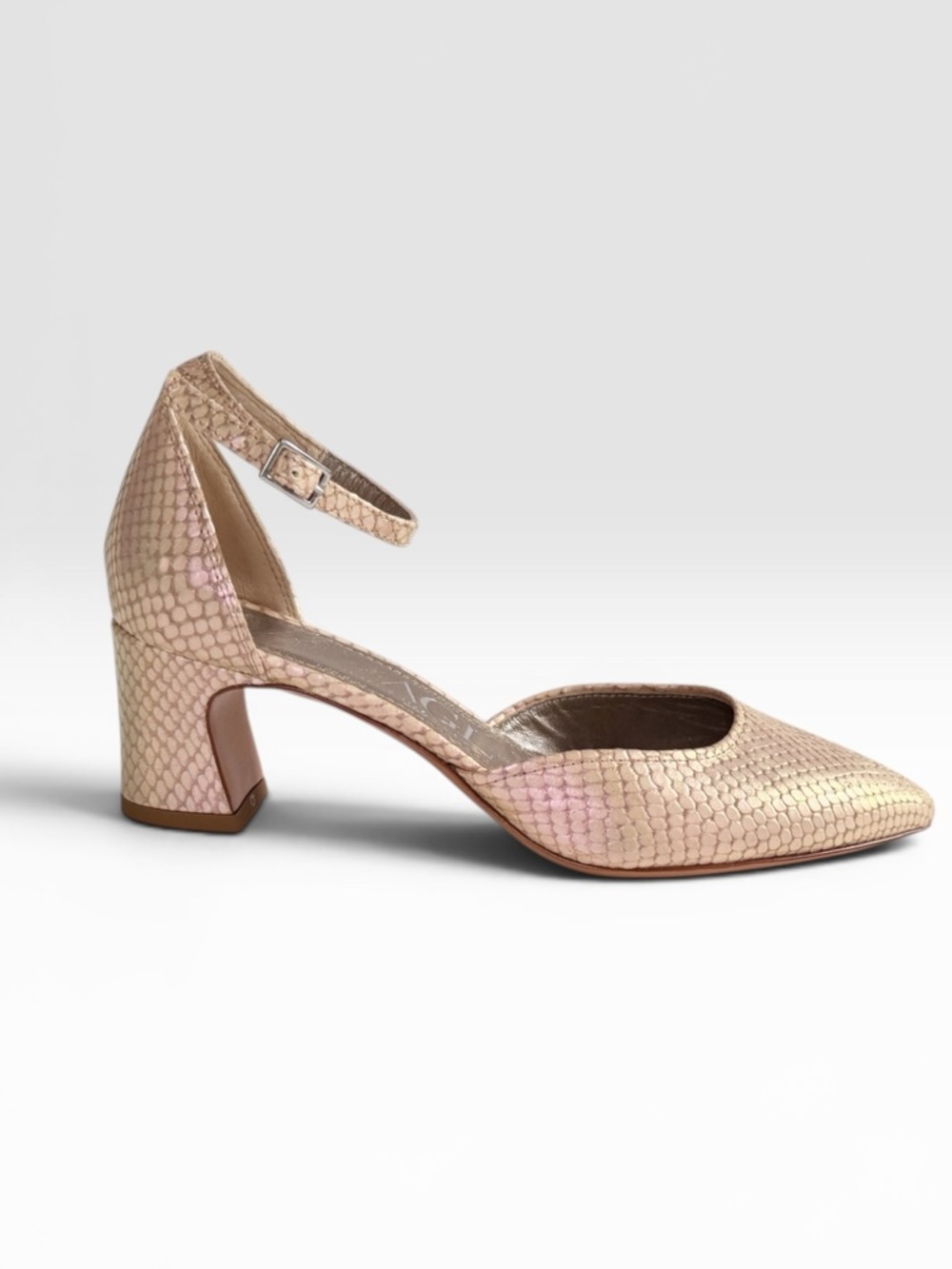 AGL Attilio Giusti Leombruni Pink Snake Iridescent/Pearlescent Ankle Strap Heel